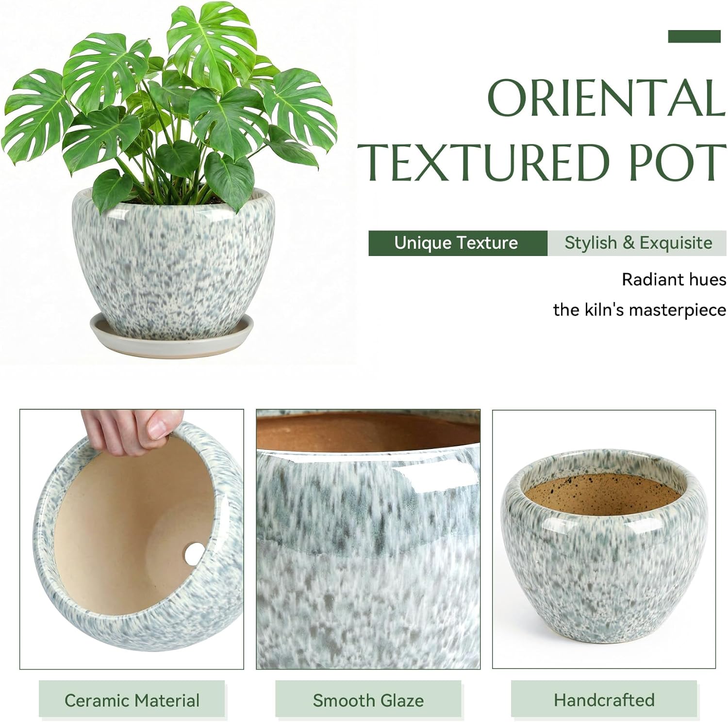 8.3 Inch Ceramic Planter with Saucer Leak-Proof Mesh &Drainage, Round Plant Pot with Gardening Gloves for Indoor Outdoor Plants (Blue Crackle Glaze)