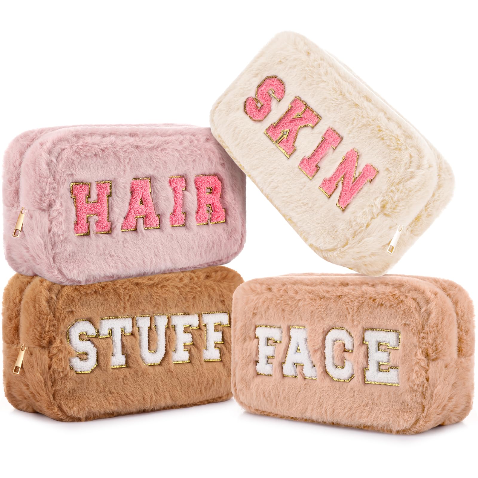Paterr 4 Pieces Chenille Letter Preppy Patches Makeup Bag Plush Fuzzy Cosmetic Hair Face Skin Toiletry Travel Bag Pouch with Zipper Preppy Stuff for Girls Women(Pink Brown)