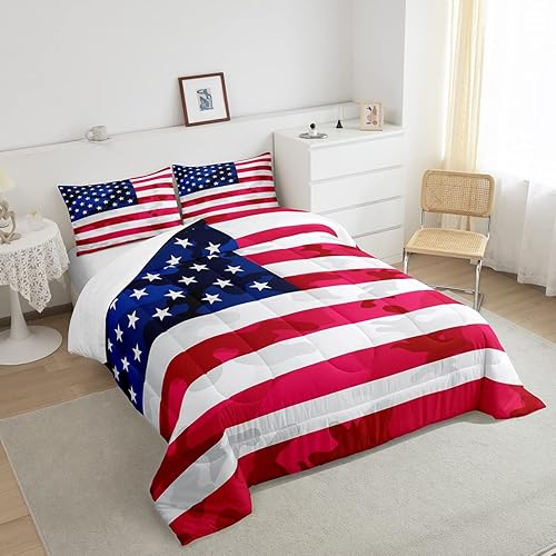 Miniatura 4 de Feelyou Juego de ropa de cama con bandera estadounidense, diseño de bandera de Estados Unidos, edredón de bandera de camuflaje del ejército, edredón