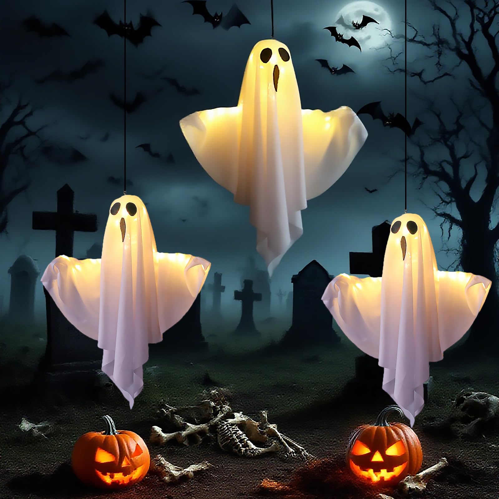 Decoración de Halloween con espíritus LED [Set de 2] - Saco de viento espeluznante móvil con 3 modos de luz LED, decoración para interiores y exteriores de jardín, ventanas, patio, porche