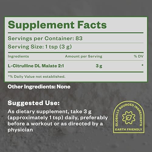 Miniatura 6 de Purisure L-Citrulina en polvo 8.82 oz, suplemento de malato de citrulina 21 de alta calidad para rendimiento de fuerza y energía, polvo de malato de