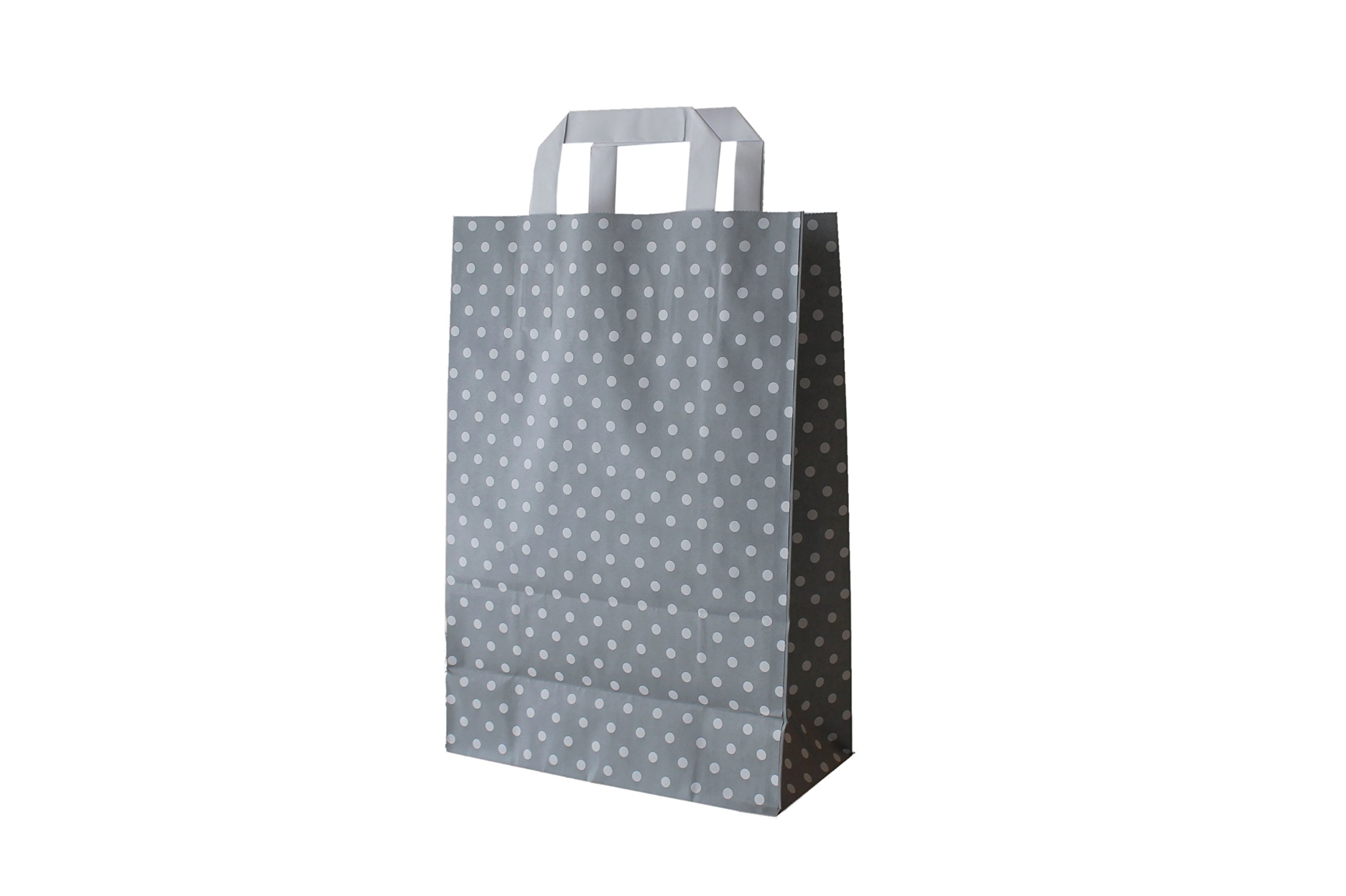 Papierowe torby z płaskimi uchwytami w kropki szare (32 + 12 x 40 cm, 50 sztuk)