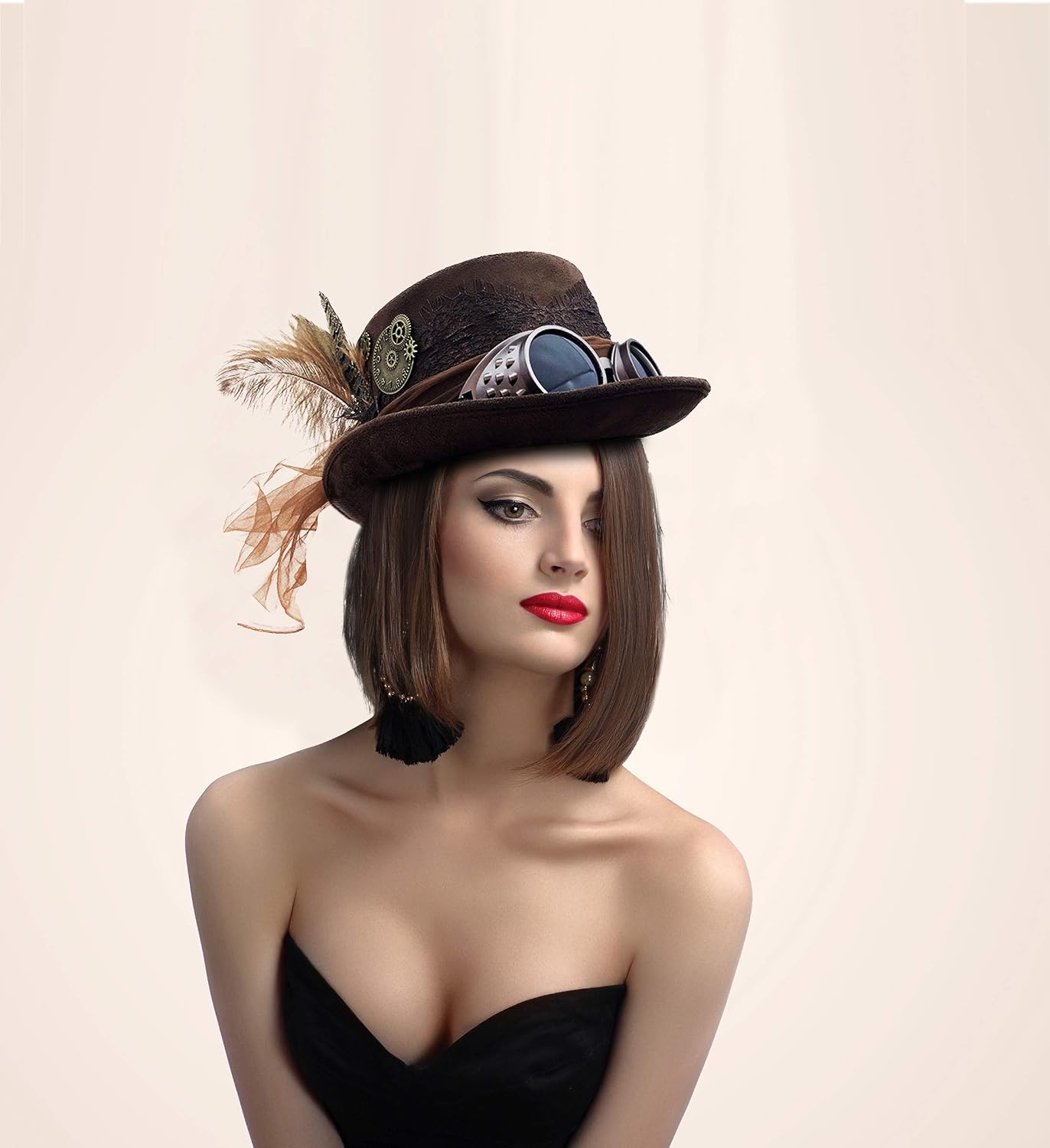 Atiitude Studio Brown Steampunk Fedora Hat - Stylish Victorian Hat with Steampunk Googles, Feather For Hat and Decorative Lace, Fancy Steampunk Accessories Costume Hat for Halloween, Cosplay Parties