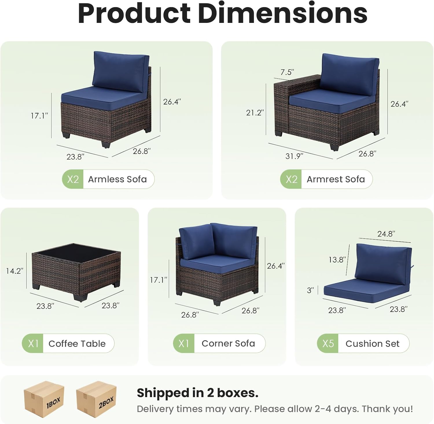 Soohow 6-Piece Patio Furniture Set All-Weather Outdoor Wicker Sectional Conversation Set with Cushion and Glass Table for Garden, Porch, Backyard, Navy Blue Cushions