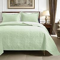 Vafodo King Quilt Bedding Set,Light Green Ultrasonic King Quilt Set,Lightweight Microfiber Bedspread Quilt,Modern Style Coin Pattern Bed Cover for All Seasons, 3-Piece Set(1 Quilt, 2 Pillow Shams)