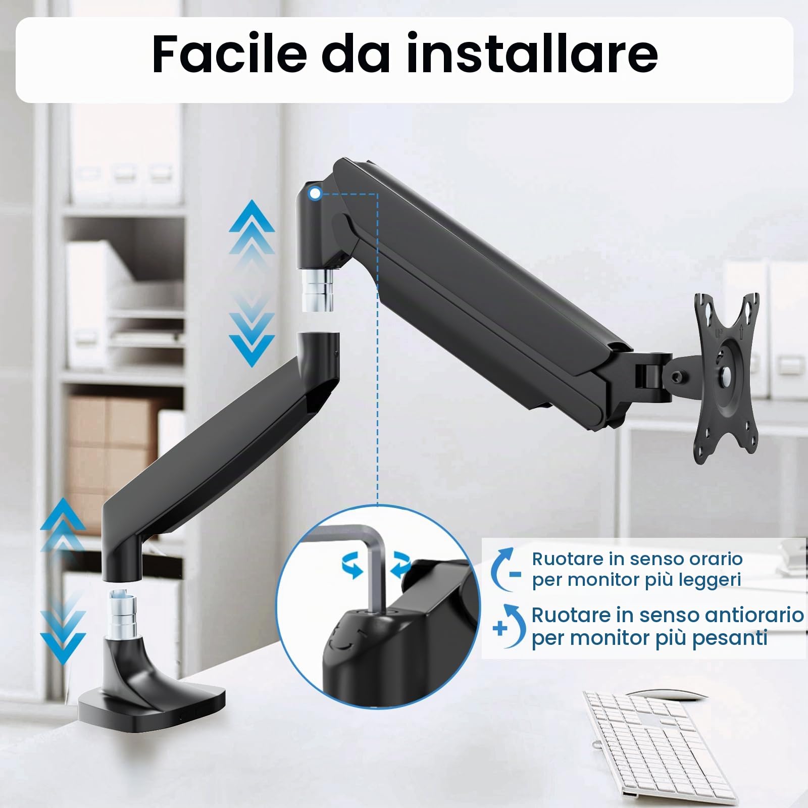 Braccio per monitor pesanti per monitor ultra larghi fino a 45 pollici e 15kg, supporto da scrivania singolo completamente regolabile con morsetto a C e gommino da scrivania, VESA massimo 100x100,nero