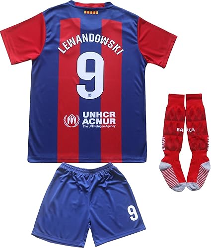 CEKFAX 20222023 Barca Home #9 Robert Lewandowski Football Soccer Kids Jersey Shorts Socks Set Juvenil Tallas