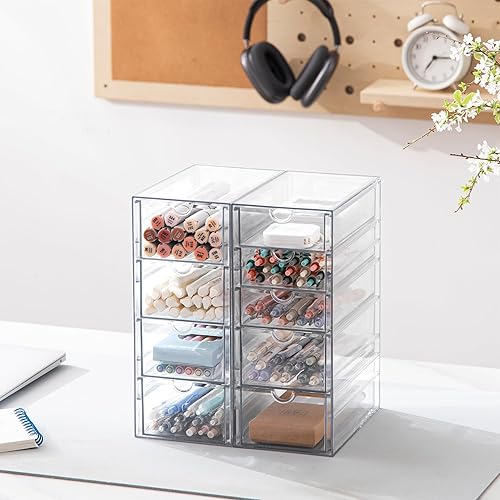 Miniatura 6 de HBlife Organizador de maquillaje con 16 cajones, paquete de 4 organizadores de escritorio transparentes, suministros de oficina, accesorios de