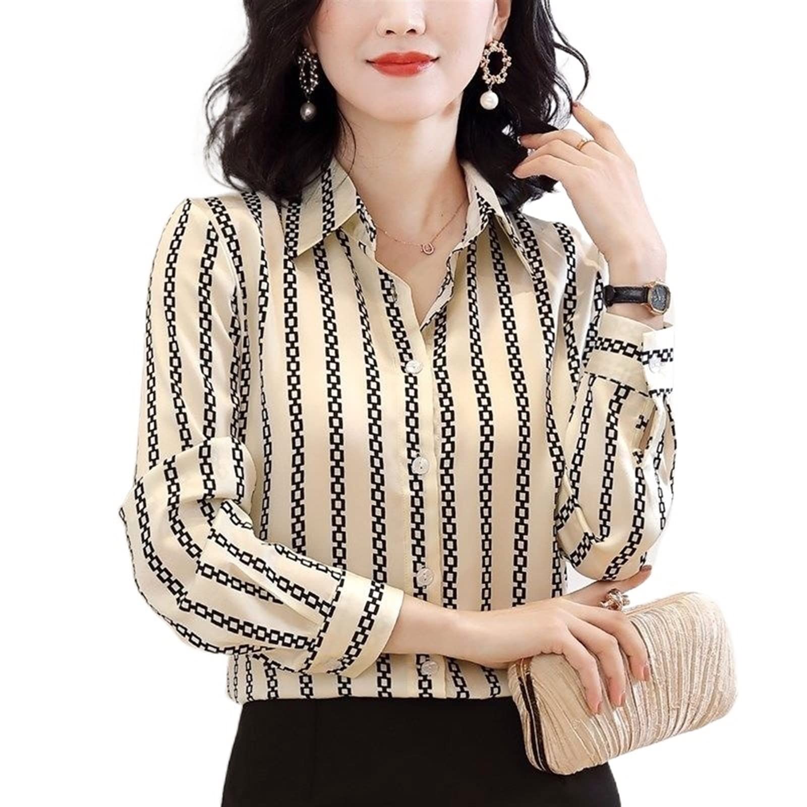 YESKITYESKIT Women Shirts, Women's Lapel Button Pattern Elegant Stripe Temperament Intellectual Light Mature Sexy (Color : Hortel�, Size : XXL)