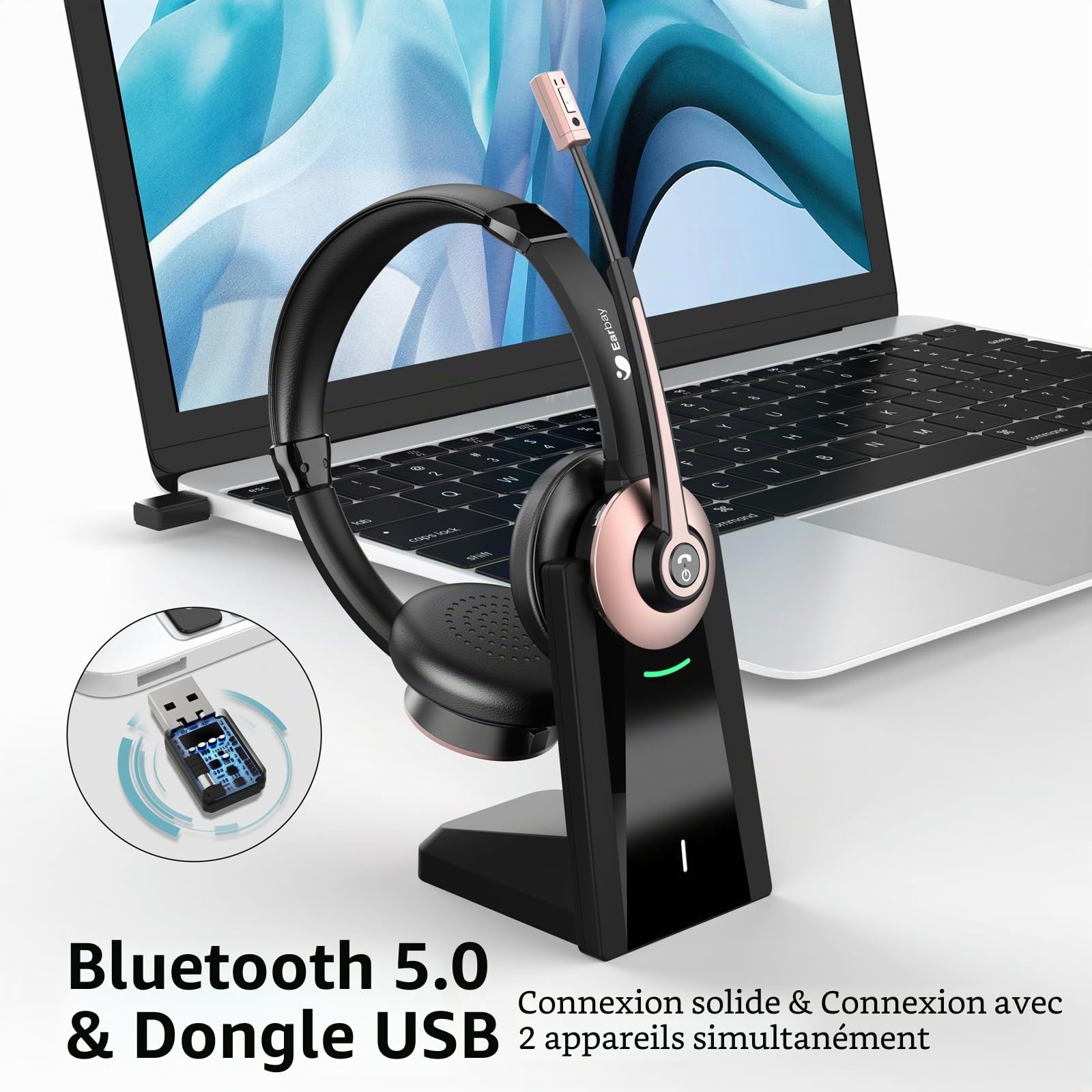 Casque sans fil Bluetooth microphone, réduction du bruit, dongle USB, pour ordinateur/telephone portable/reunion/centre d'appel/bureau