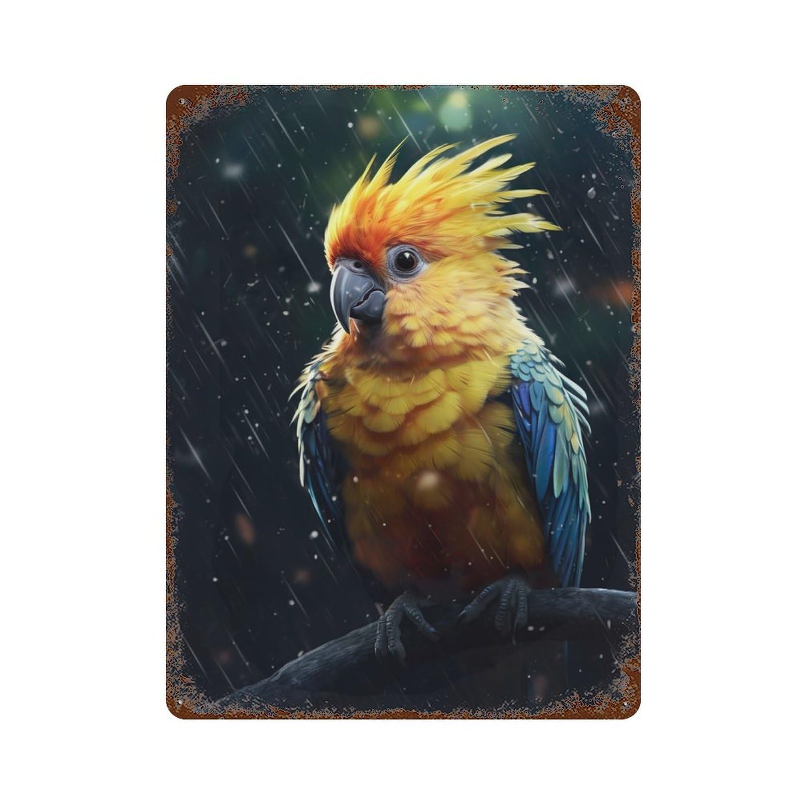 Vintage Rust Metal Sign with Epic Rainy Cockatiel Design 15.7"x11.8", for Patio, Garden Room And Bar Decor, Old School Wall Decor