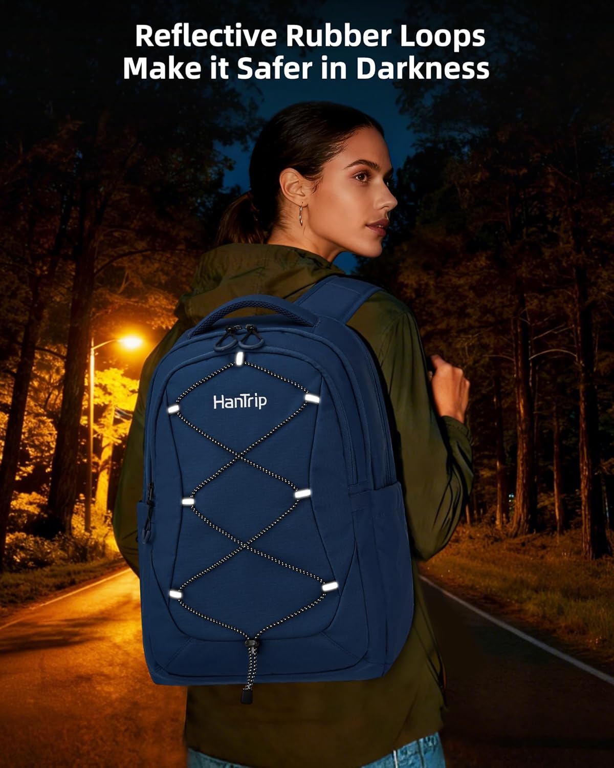 Travel Laptop Backpacks for Women Men, Large Work Backpack for Commuter College School Book Bags, Reflective Water Resistant Backpack with Luggage Strap Bottle Pocket Chest Strap, Navy Blue - Image 9