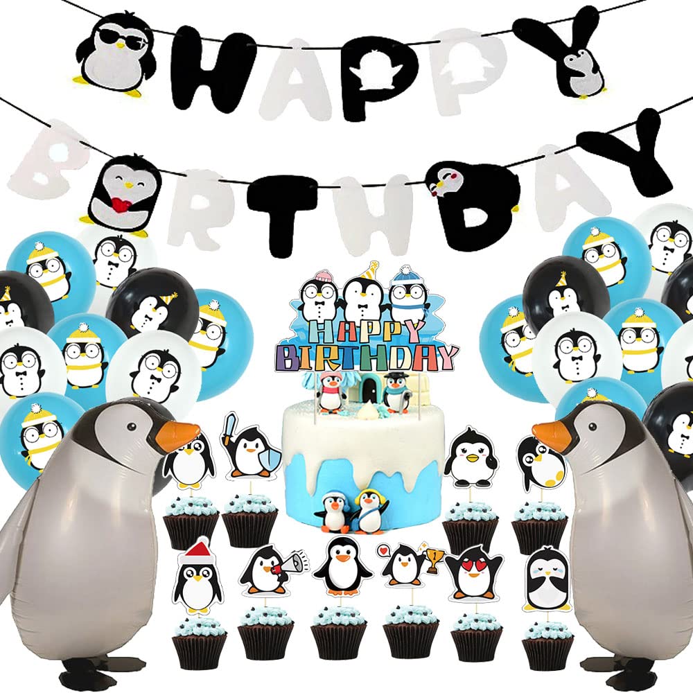 Penguin Birthday Party Supplies Include Walking Penguin Balloons and Penguin Happy Birthday Banner, Penguin Pattern Colorful Balloons, Penguin Cake Topper, Penguin Baby Shower Decorations