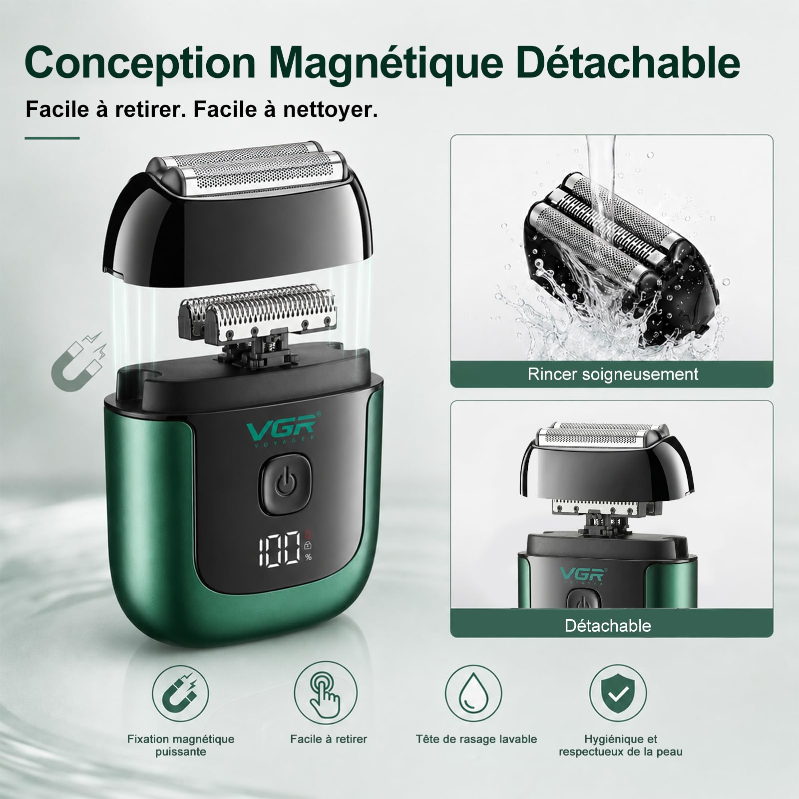VGR 380 Mini Rasoir Electrique Avec Cadenas De Voyage, Étanche IPX6, Vert