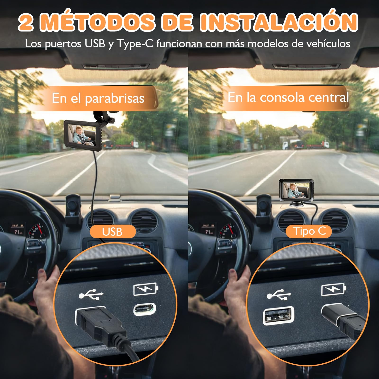Zacro Cámara Bebé Coche Asiento Trasero HD 1080P, Espejo Retrovisor Camara Bebe Pantalla 4.3'', USB-C Plug and Play Monitores de Bebé para Coche con Visión Nocturna, Ángulo de Visión Amplio