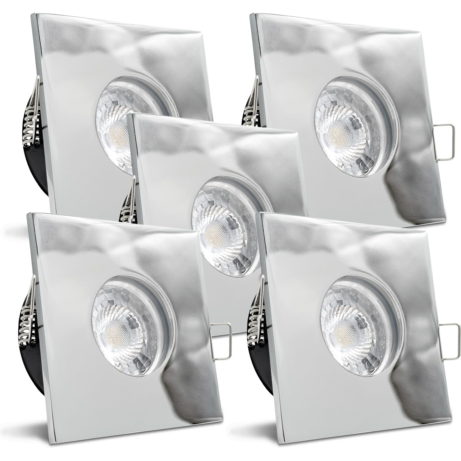 trendlights24 V2 Decken Einbaustrahler flach Chrom IP65 230V 5W 5er Set | Decken Einbauleuchte, eckig, ultra flach, Einbautiefe 35 mm, LED Spots, Warmweiß, 3000k, austauschbar, Bad, außen