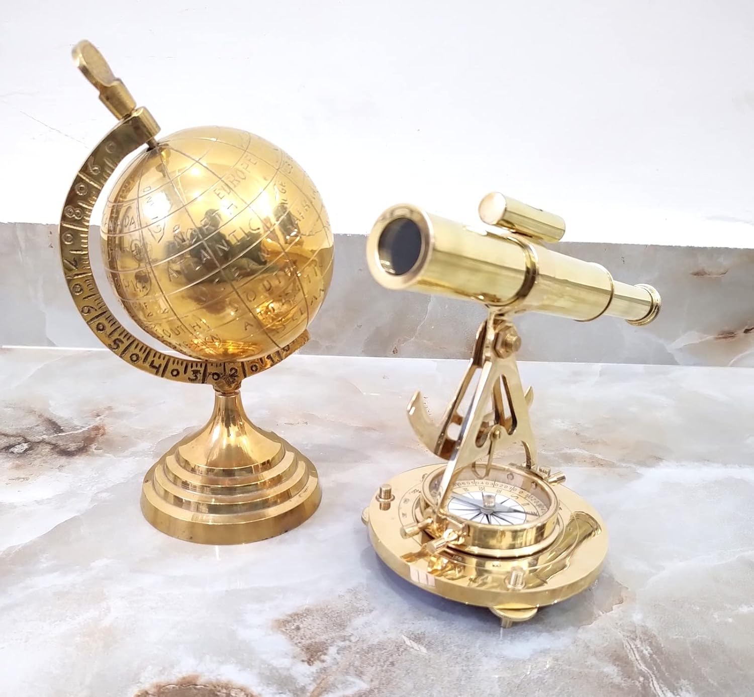 Golden Polish Size 8 Inch Nautical Telescope Shinny Brass Alidade with Compass 10 Inch Globe Table Decor and Gift