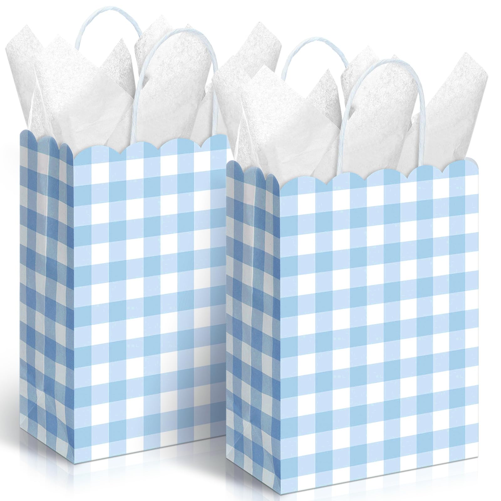 Kolldenn 24 Pcs Gingham Party Supplies Blue and White Gift Bags 8.27 x 6.3 x 3.15 Inch Kraft Paper Checkered Plaid Candy Goodie Party Favors Bags for Easter Picnic BBQ Birthday Baby Shower Wedding โ image 1