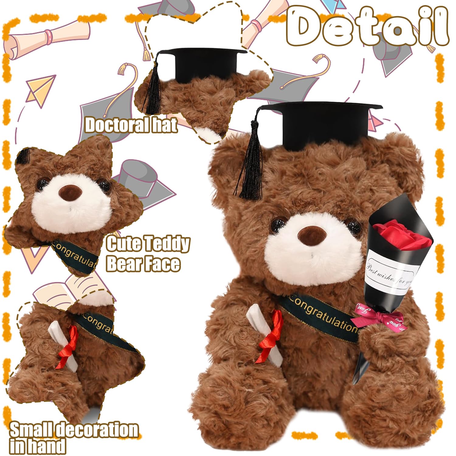 Osito De Peluche De Graduación De 25 Cm Con Birrete Y Diploma – Regalo Para Estudiantes, Con Flores Y Tarjeta De Felicitación