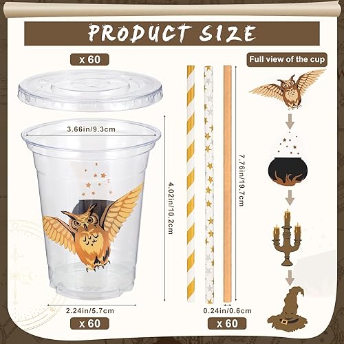 Miniatura 9 de Roowest Juego de 120 vasos desechables de plástico de 12 onzas con tapas y pajitas para niños y niñas, mago para Halloween, cumpleaños, bebidas