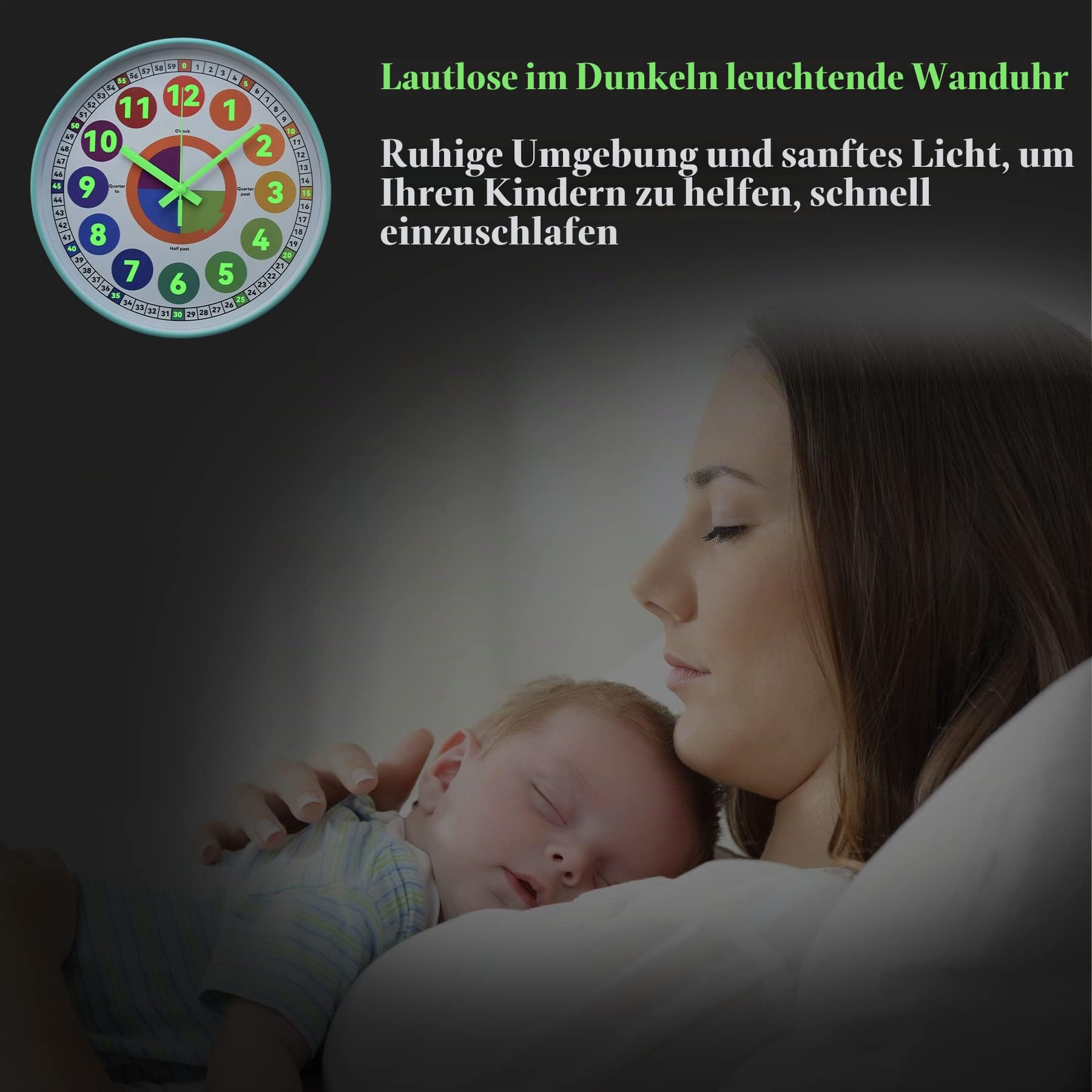 Lernuhr für Kinder, leuchtet im Dunkeln, Wanduhr für Schlafzimmer, 30,5 cm, leises Nachtlicht, Kinder-Wanduhr, bunt beleuchtet, Uhrzeit, Lehruhr, Kinderzimmer-Dekoration (beleuchtet, Eisblau)