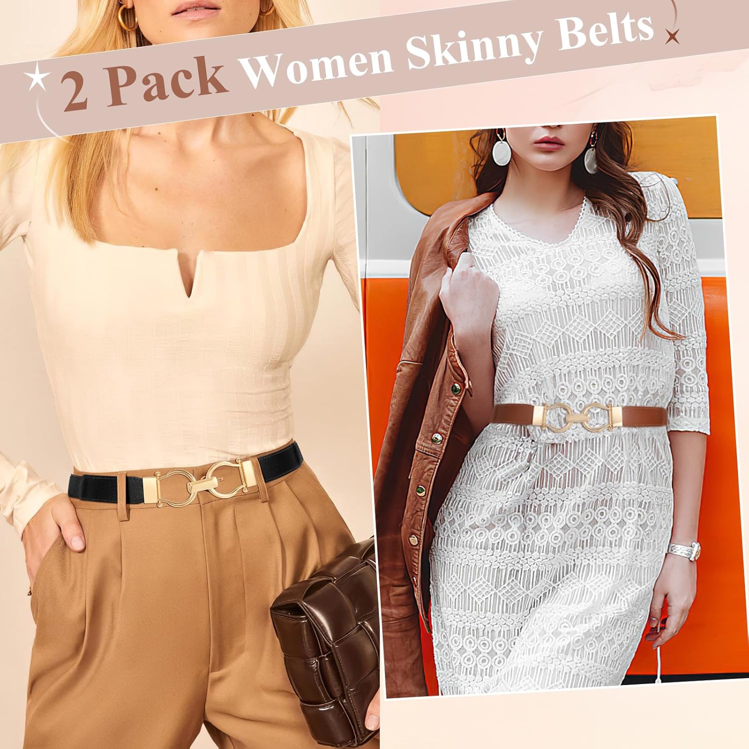 WHIPPY 2 Pack Skinny Elastic Belts for Women Thin Stretchy Waist Belt for Dresses with Gold Buckle - Image 2