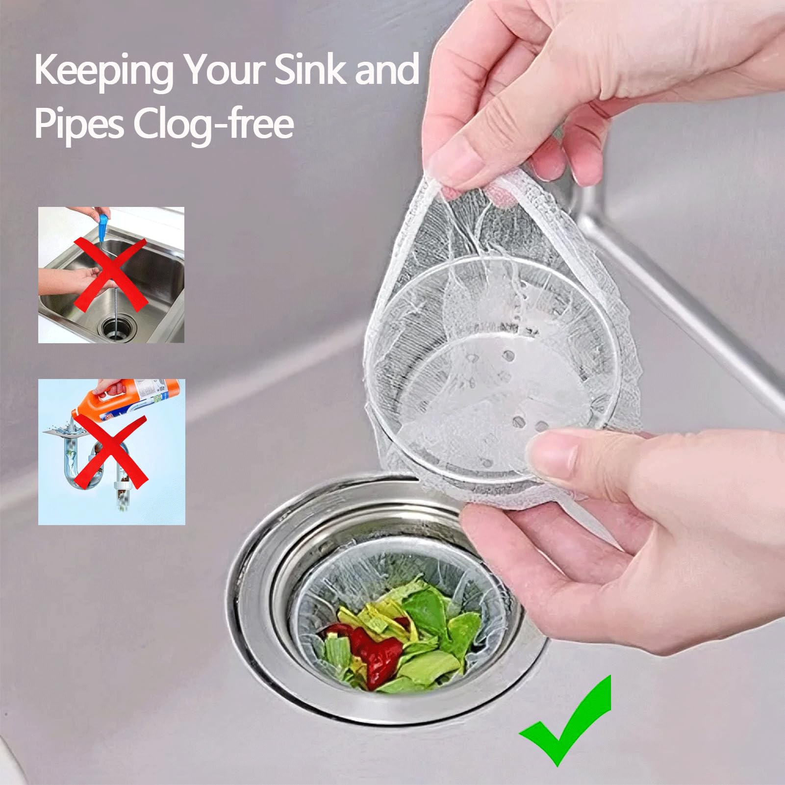 200-Pack Disposable Kitchen Mesh Sink Strainer Bags – Elastic Anti-Clogging Filters For Food Scraps, Hair & Waste – Stretchy Polyester Net For Most Drains