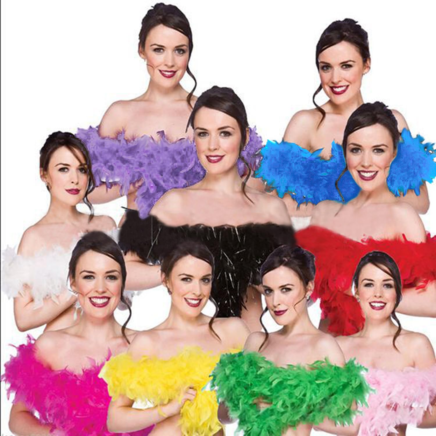 Lot de 8 boas à plumes colorées avec 8 lunettes de soleil en forme de cœur sans monture - 2 m - Pour femme - Pour danse, mariage, fête d'Halloween, Lot de 8, 6.6ft/2m