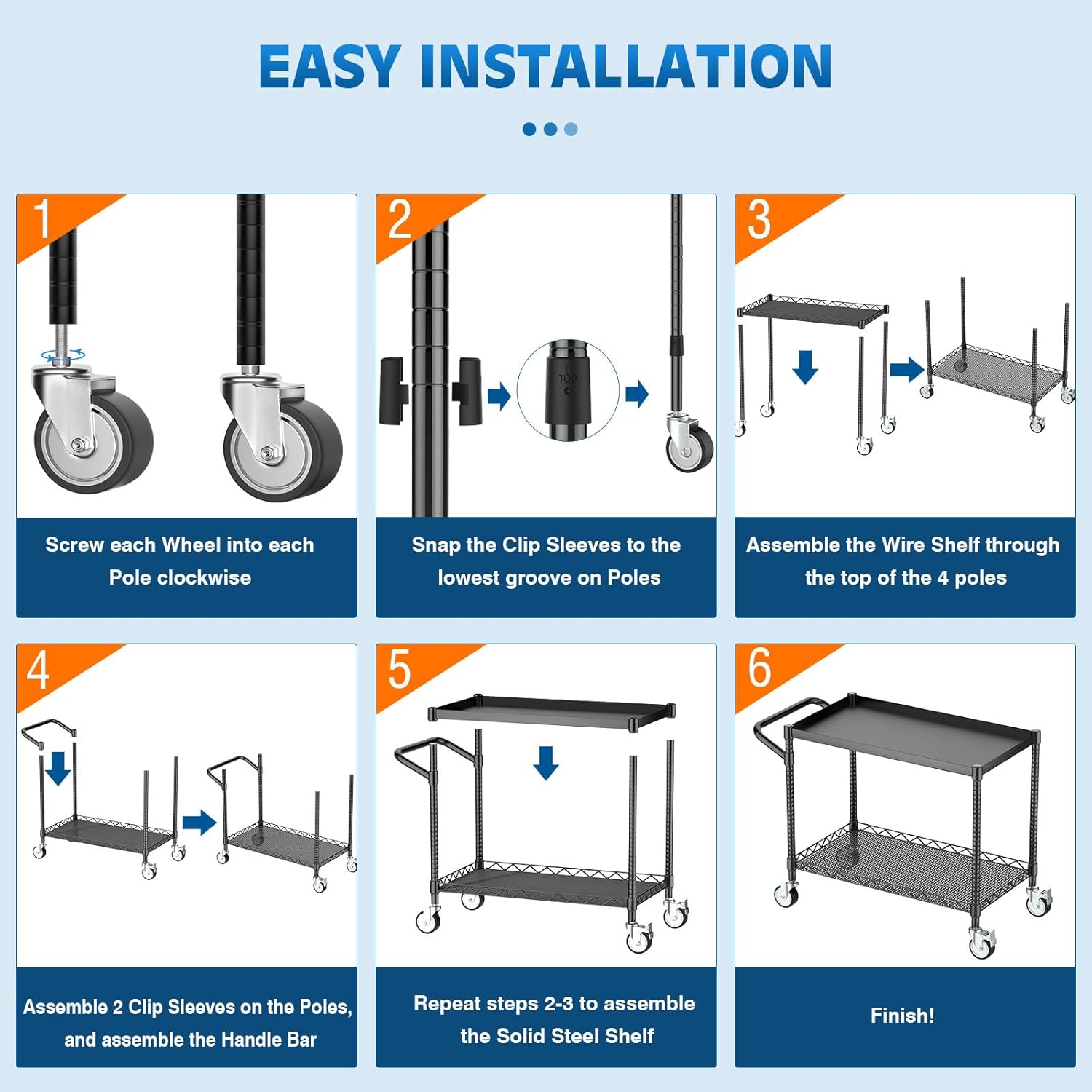 Leteuke 2 Tier Utility Tool Cart with Wheels, Heavy Duty Rolling Utility Carts with Handle, Commercial Grade Metal Serving Storage Cart for Warehouse Garage Kitchen, 25" D x 38.98" W x 40" H-Black