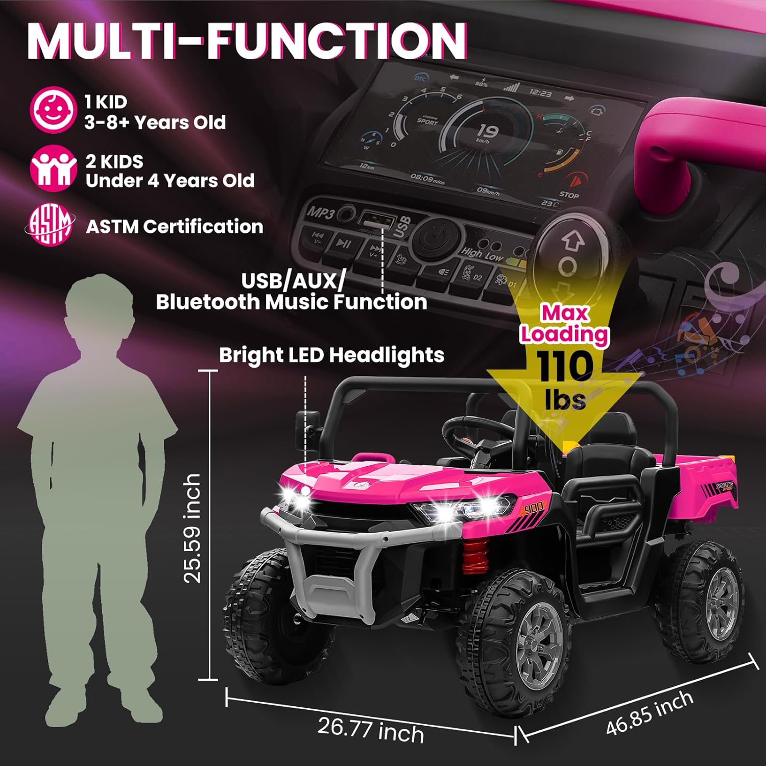 24V 4WD Ride on Truck Car w/4X200W Motor, Dump Bed, Gift Flower, 2 Seaters, Remote Control, 4 Wheeler, LED Light, Music, 24 Volt Ride on Toys for Big Kids Girls 3-8, Pink