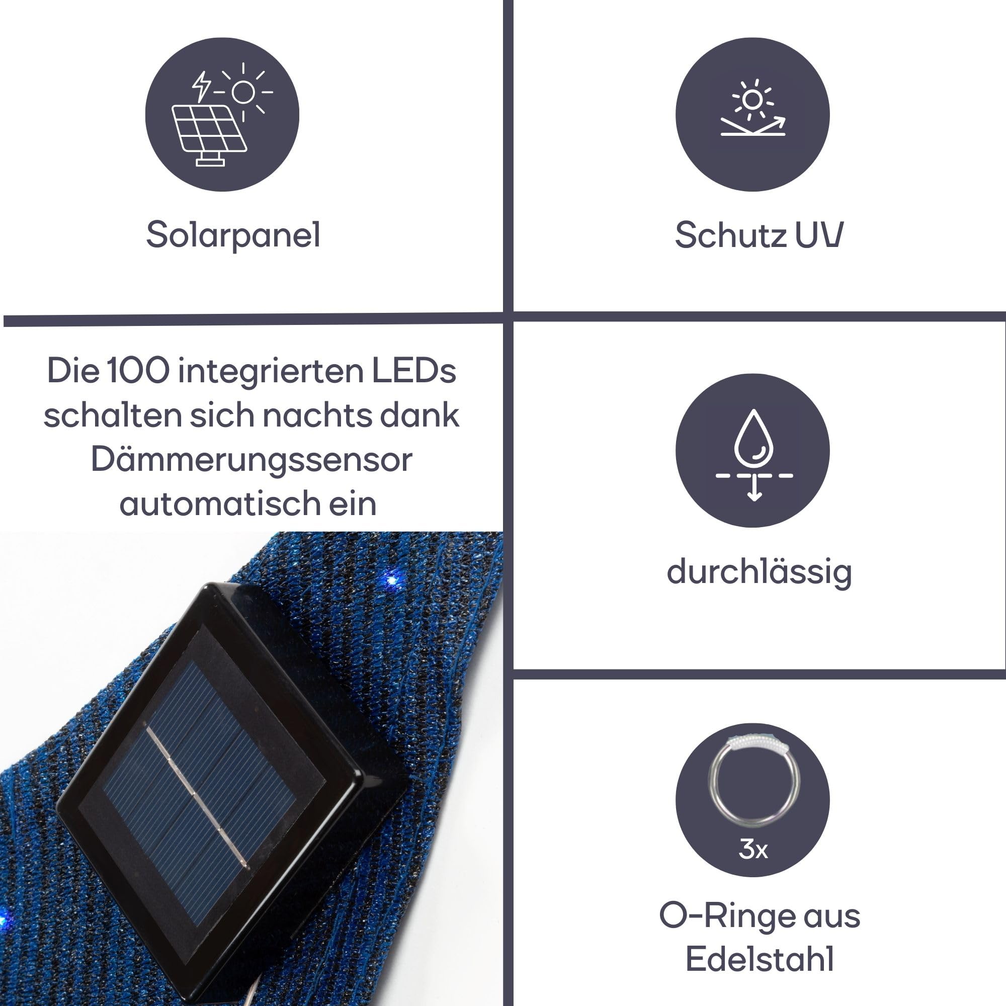 Perel Dreieckiges Sonnensegel mit 100 LEDs Sternenhimmel, atmungsaktives HDPE, wasserdurchlässig, UV-Schutz 90%, 3.6 x 3.6 x 3.6 m Solar LED Beleuchtung, Shade Sail für Garten und Terrasse