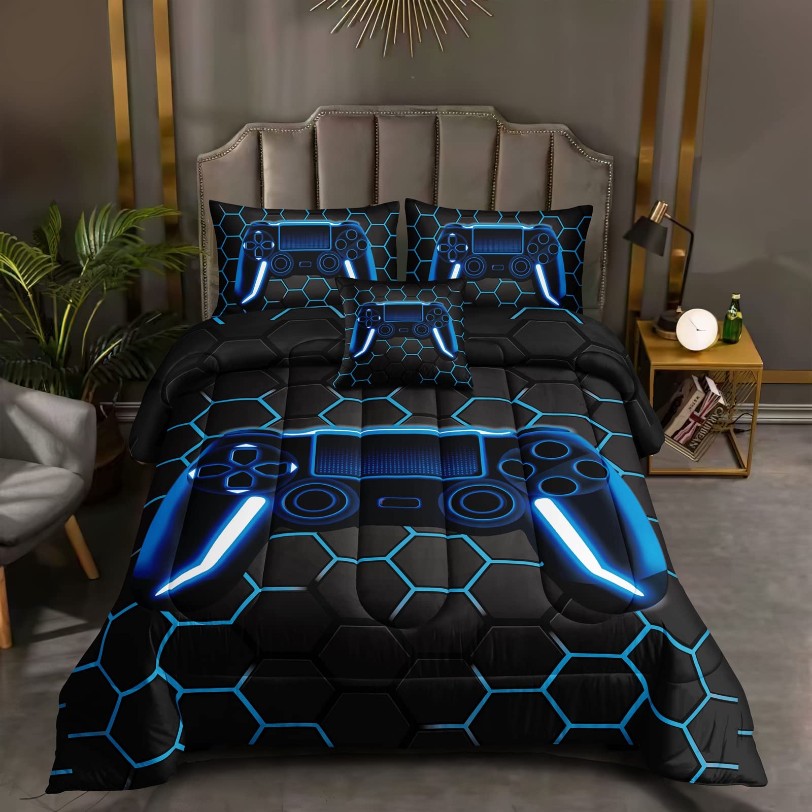 Cool Hexagon Gaming Duvet Cover Set – Green Neon Gamepad Design For Teens & Gamers, Double Size With 2 Pillowcases
