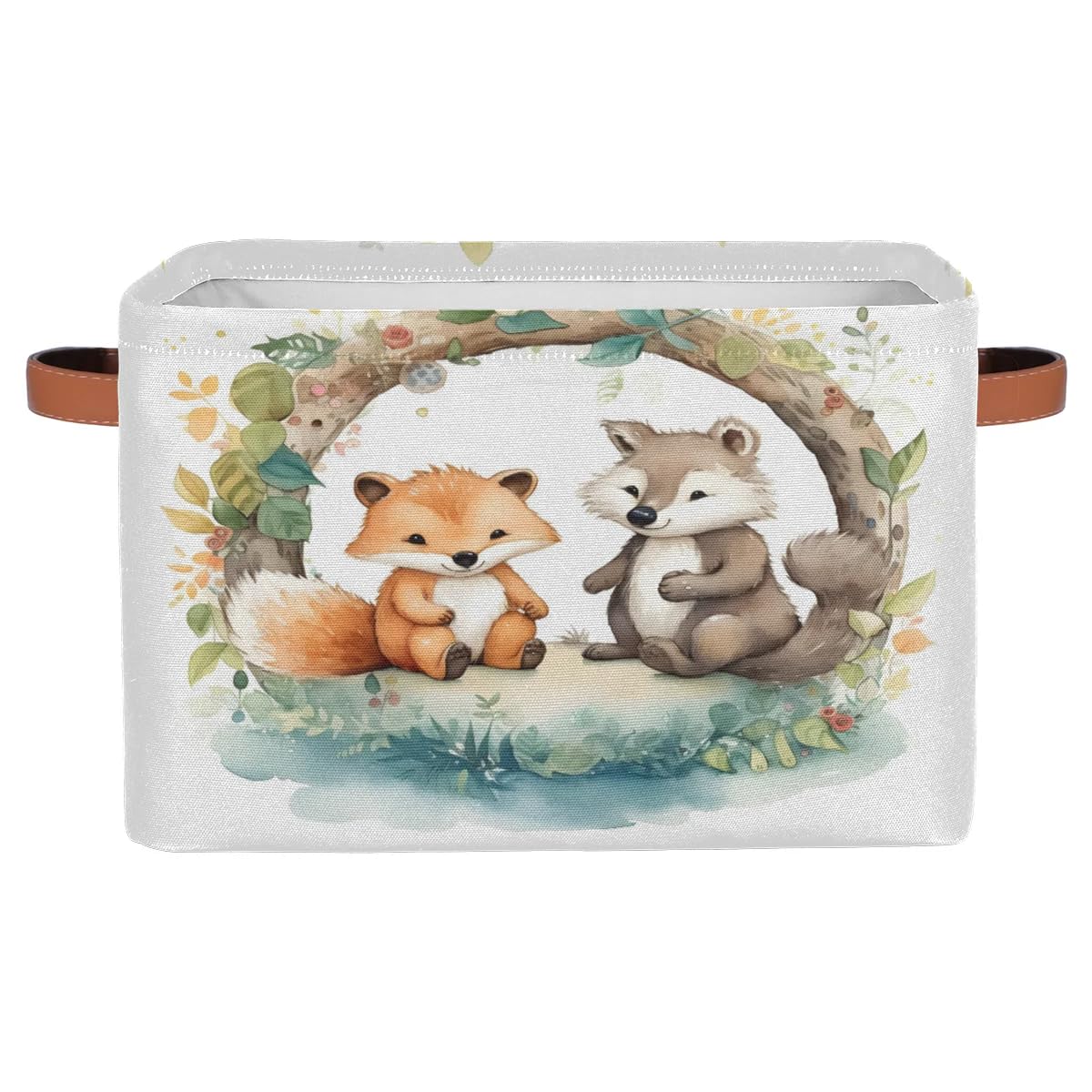 Mularoka Watercolor Wreath Foxes Storage Basket 15*11*9.5 Inch Collapsible Storage Bins Foldable Storage Box Bins with Handles For Clothes Kitchen Living Room Storage 1 Pcs