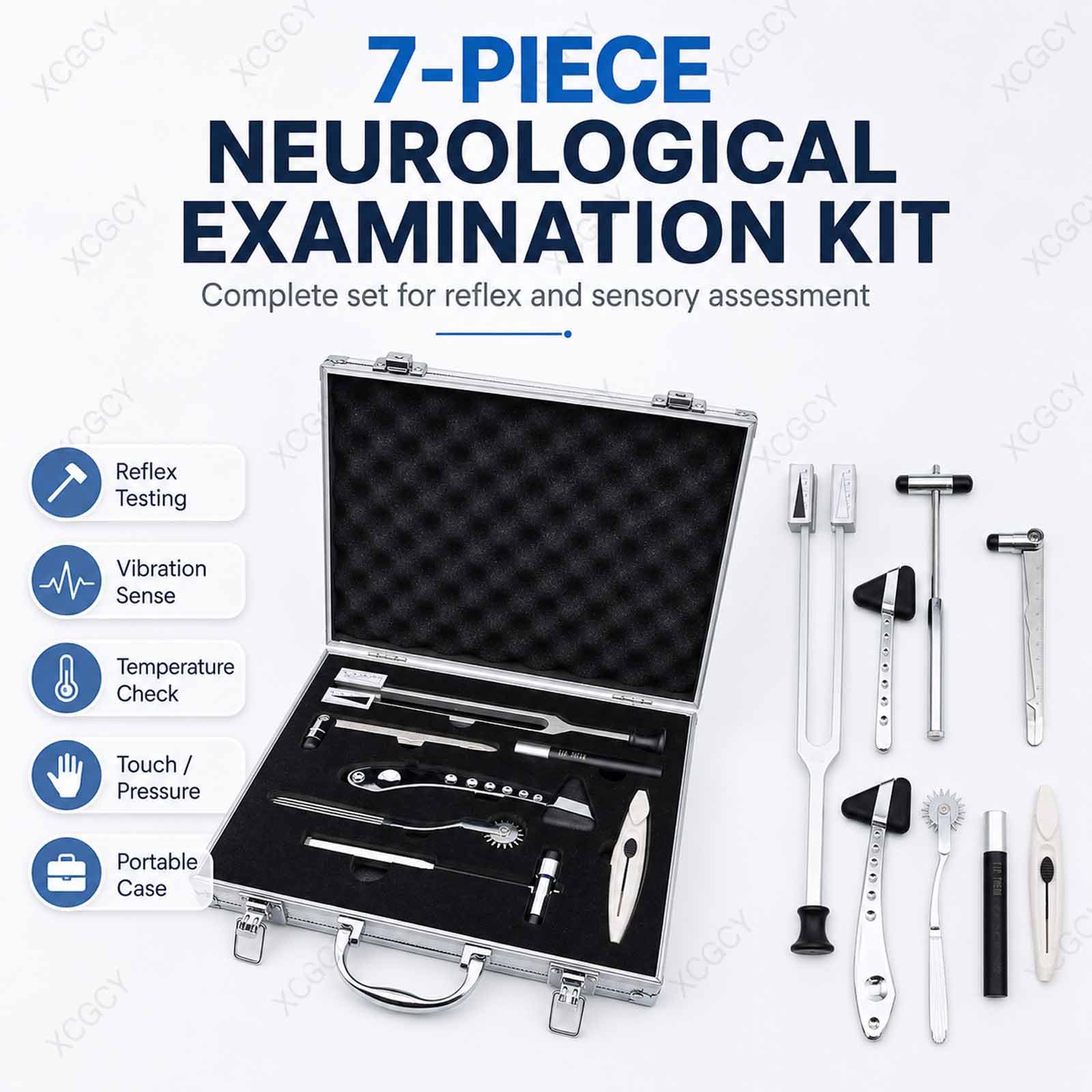 Set per Esame Neurologico, Set da 7 Pezzi con Custodia in Alluminio, Test di Puntura, Temperatura, Tatto, Vibrazione, Riflessi Tendinei per Studenti di Medicina E Professionisti