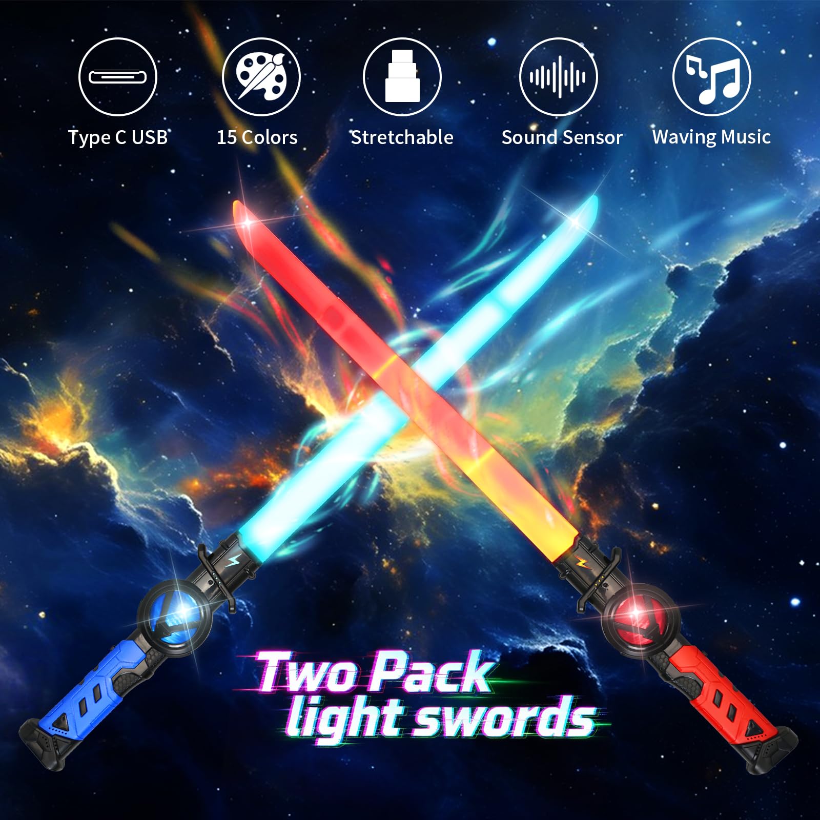 Sabre Laser Enfants 2 Pièces Télescopique LED Rechargeable Bleu Rouge 15 Couleurs Halloween Noël Cosplay