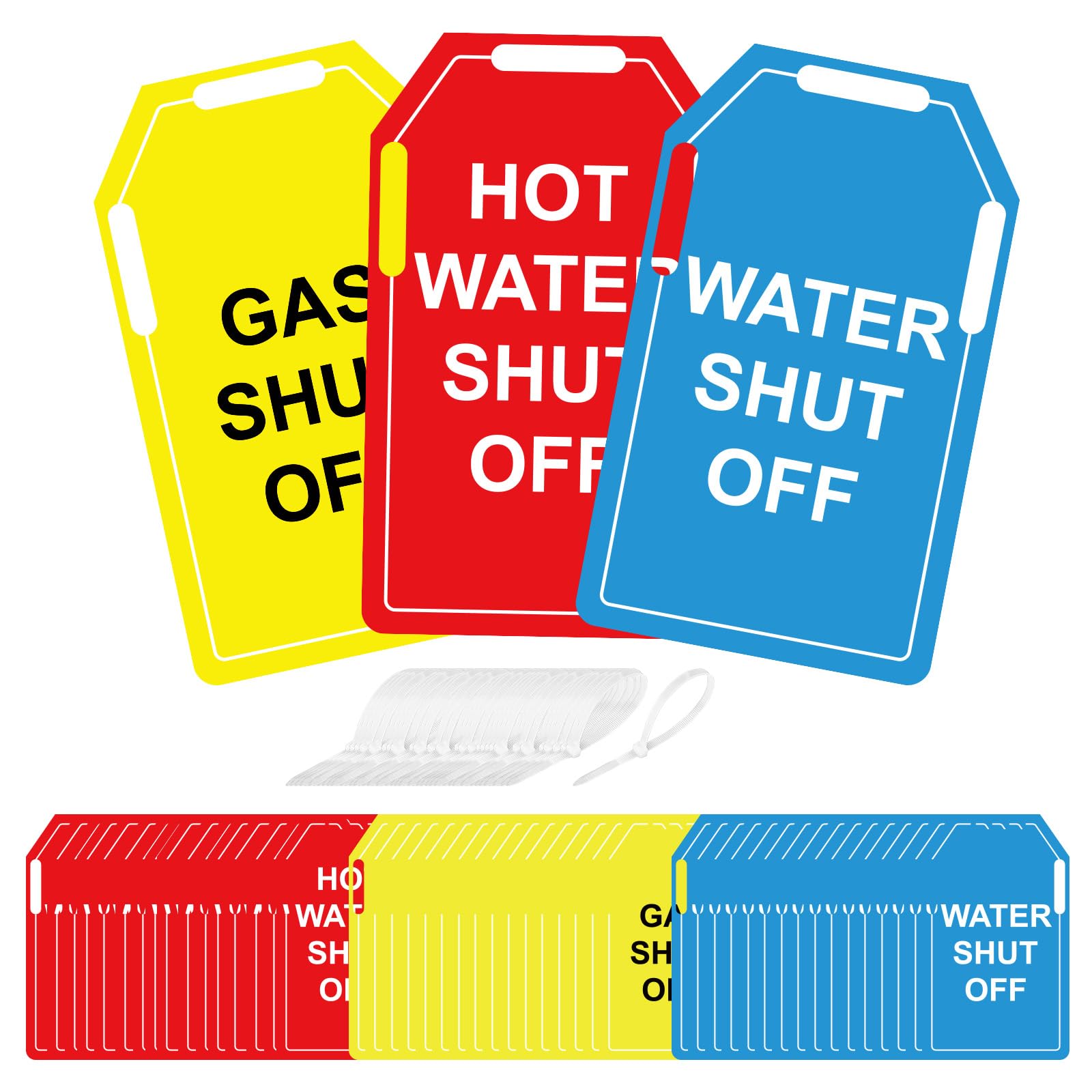 BLSUREFYX 48 PCS Shut Off Valve Tags 5 x 3 Inch Red Hot Water Shut Off Yellow Gas Shut Off Blue Water Shut Off Tags Plastic Plumbing Identification