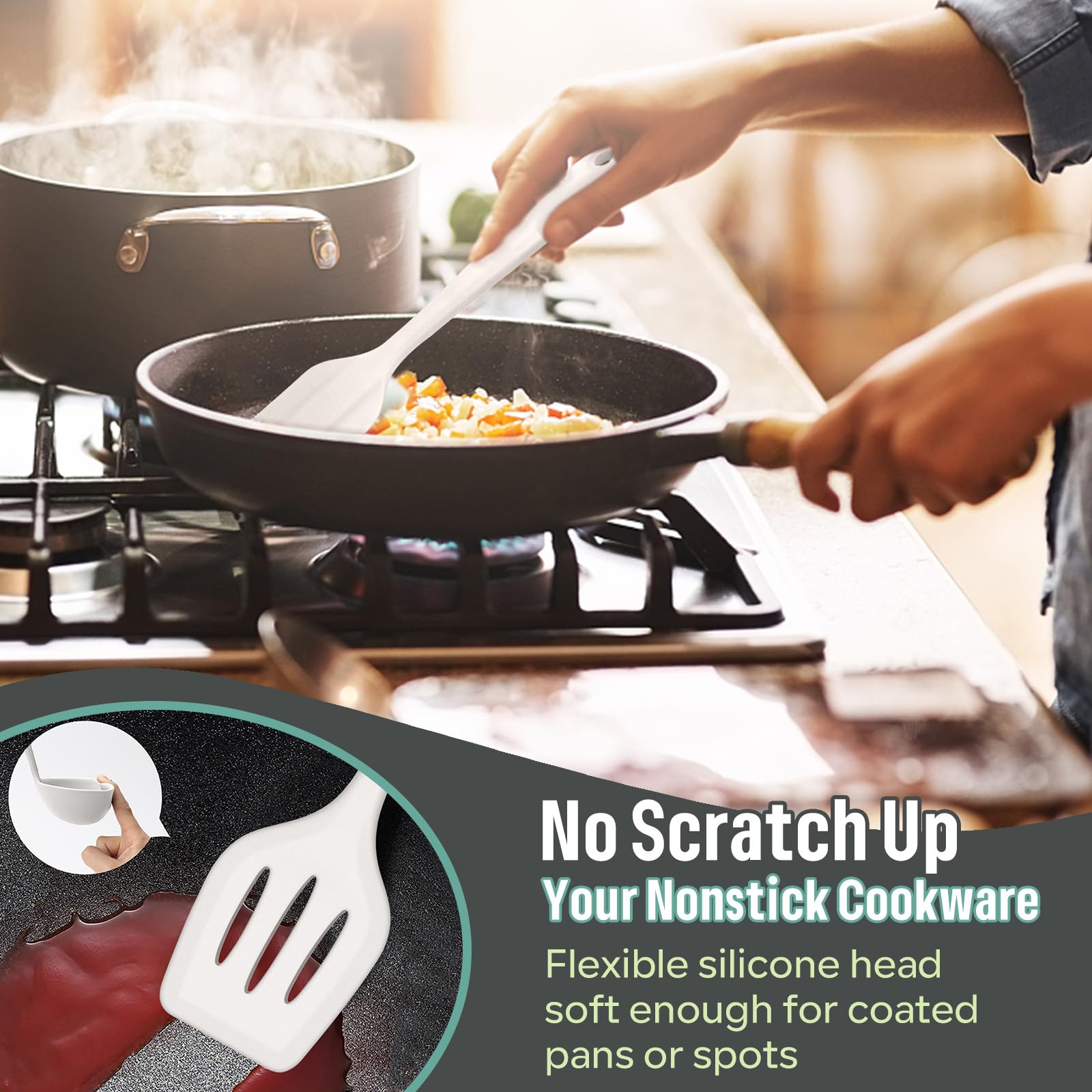E-far Juego de utensilios de cocina de silicona, juego de 7 piezas de utensilios de cocina resistentes al calor, antiadherentes, espátula, cucharón, cucharón, servidor de pasta para utensilios de