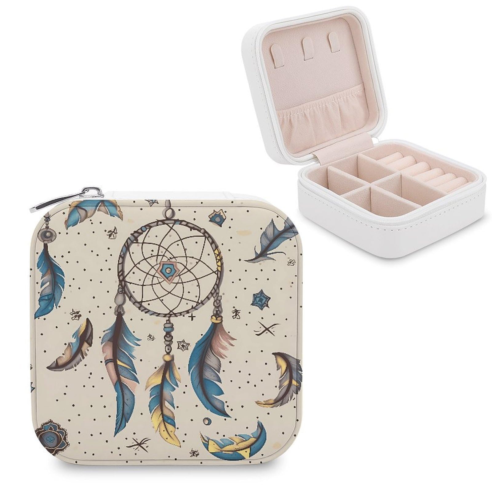 VstaDank Dream Catcher And Moon Jewelry Box Exquisite Leather Jewelry Organizer Portable Trinket Organizer Fashion Travel Jewelry Case for Rings Earrings Necklaces Unique Gifts for Women