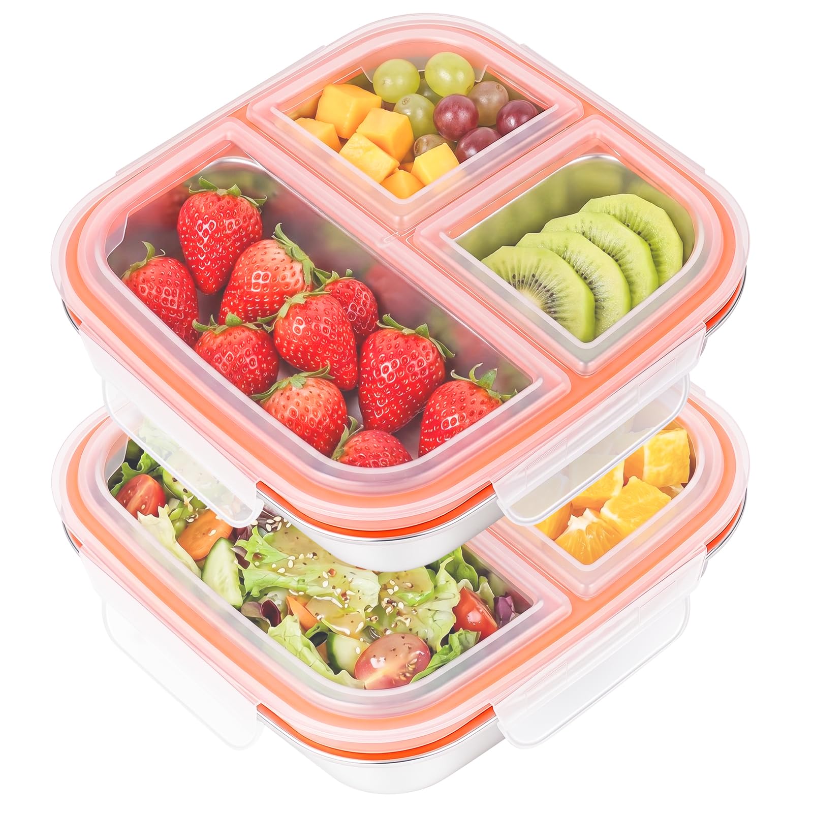 AOOTE 3 Compartments Stainless Steel Bento Box with Airtight Lids, 2 Pcs