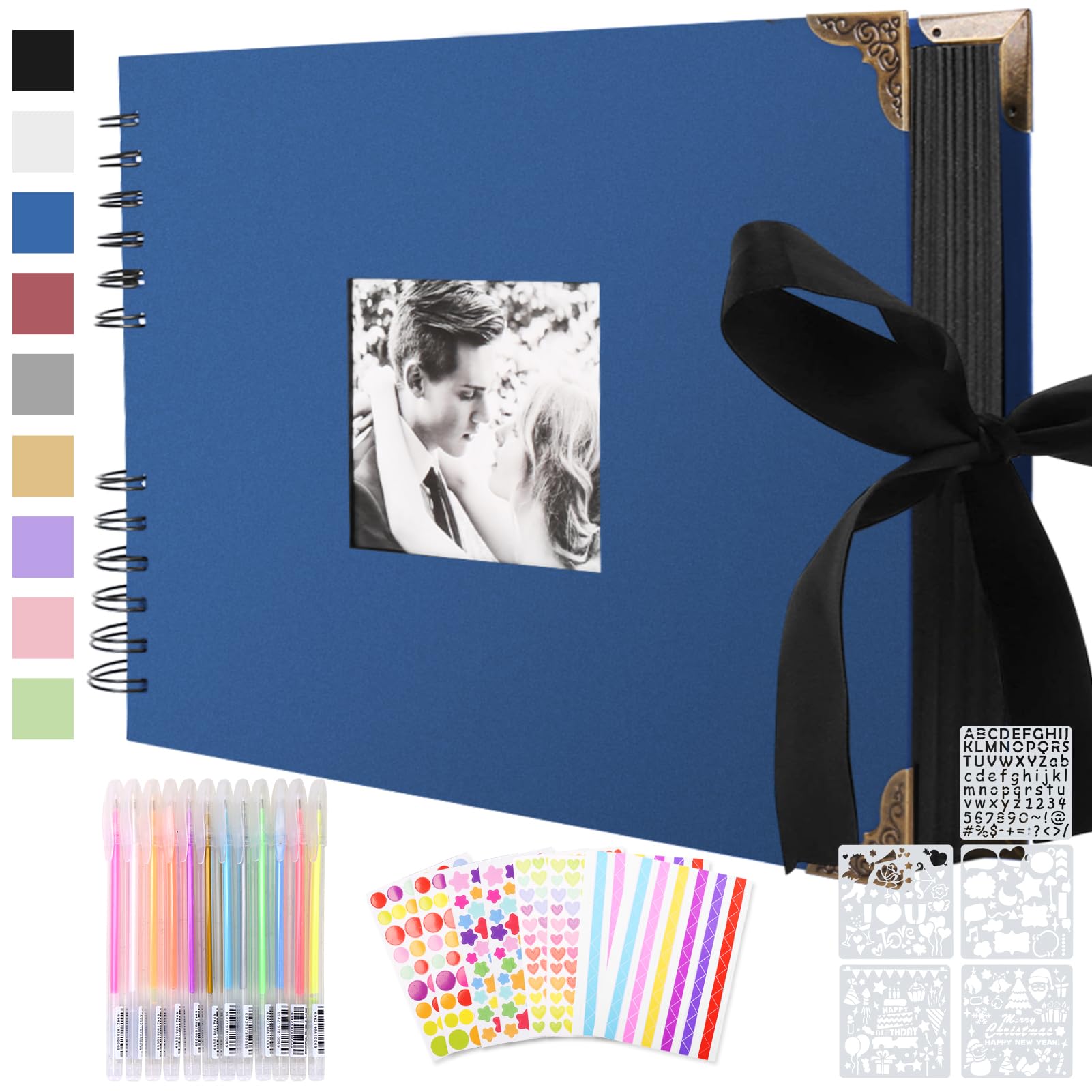 Fotoalbum zum Selbstgestalten, Scrapbook 80 Schwarze Seiten Fotobuch zum Einkleben, DIY Geschenk Scrapbooking Set für Baby Familie Jahrestag Geburtstags Valentinstag Hochzeit mit Protektkegeln Blau