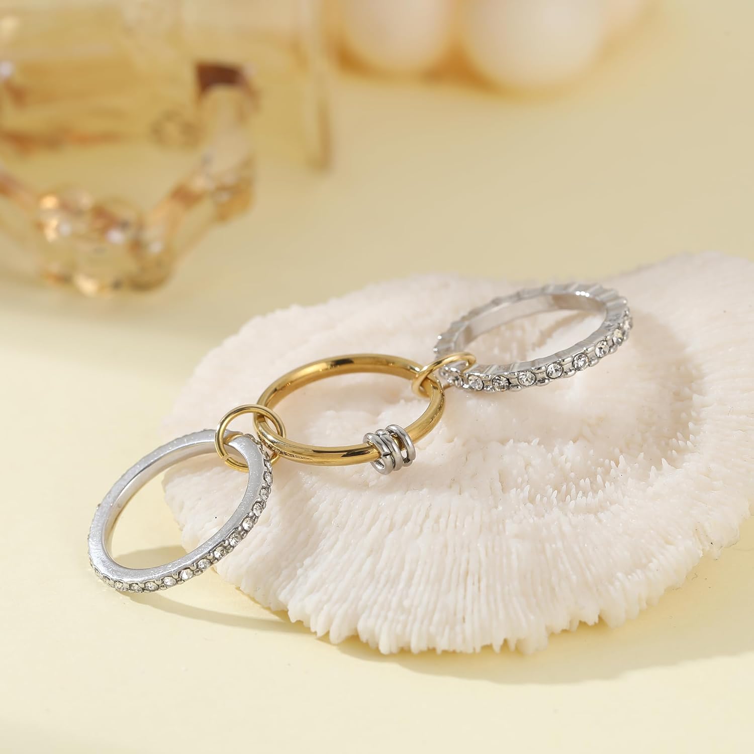 Gold Silver Stackable Rings for Women Non Tarnish 18k Gold Plated Cubic Zirconia Ring Two-Toned Mixed Metals Stack Interlocking Multi-Link Connected Thumb Rings Jewelry Gift Size 6-10 - Image 6