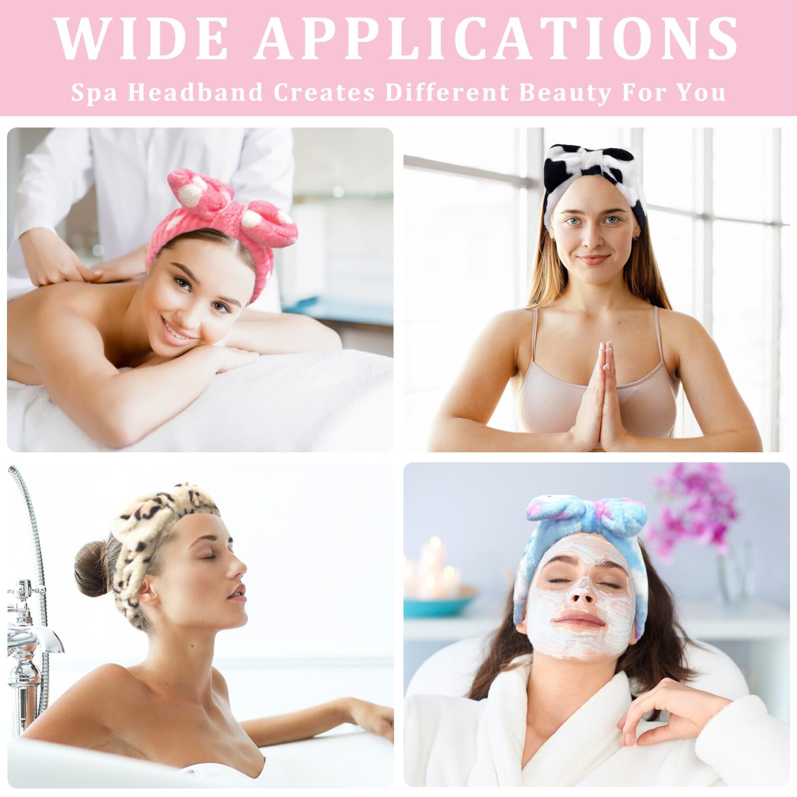 KEYRI 4 spa-haarbanden met strik, elastische koraalfleece gezichtshoofdband voor dames, make-up en gezichtswassen, yoga (wit, roze, blauw, luipaard, eenheidsmaat