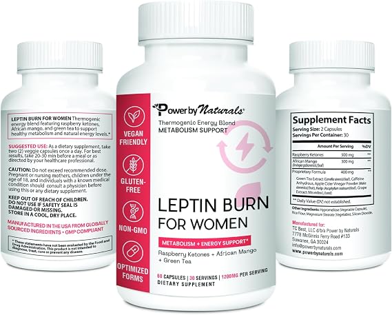 Power By Naturals LeptinBurn for Women Weight Management Support with Green Coffee Bean, Garcinia & Green Tea Extract Gluten-Free, Non-GMO, Vegan 60 Capsules (1-Month Supply)