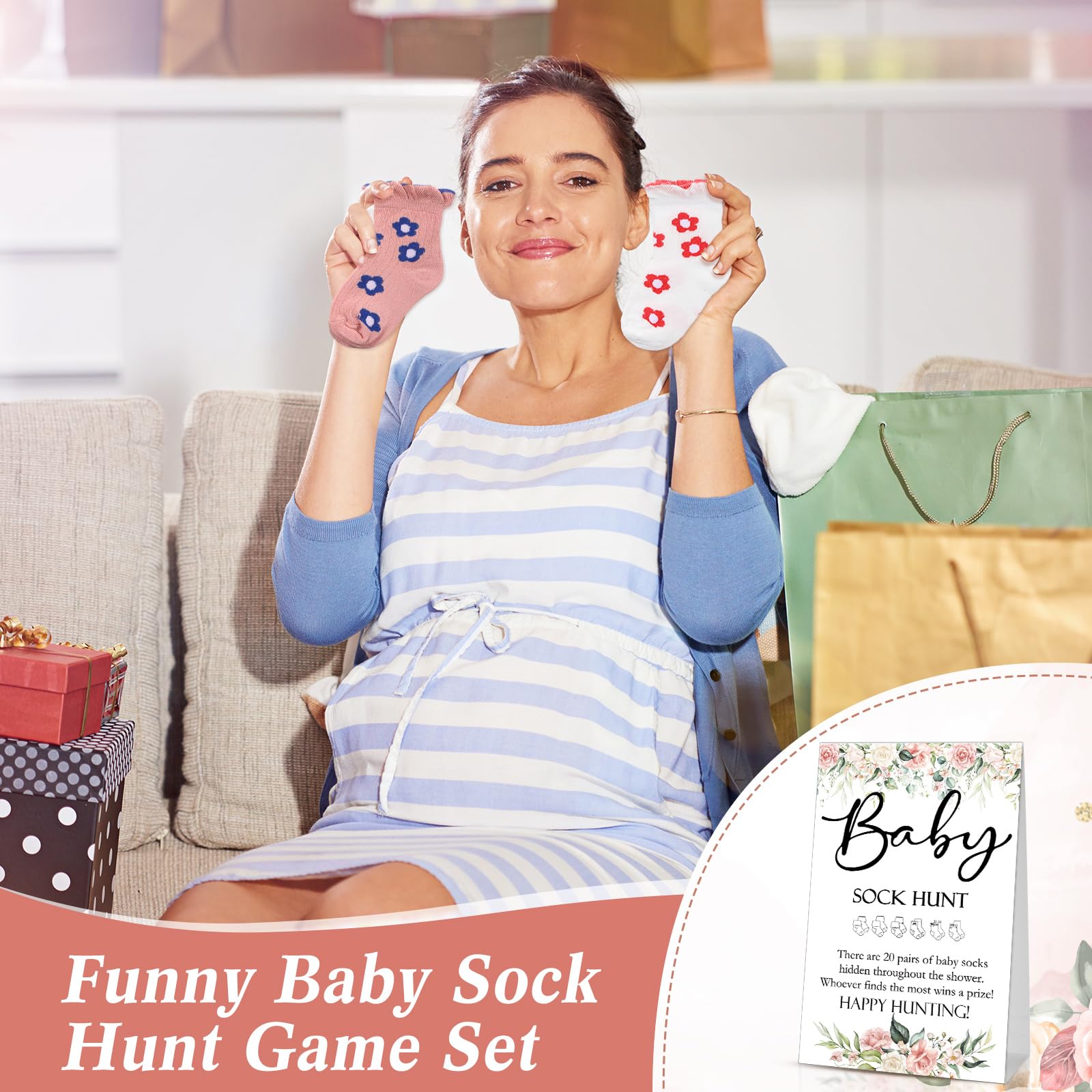 Hoteam 21 juegos de baby shower que incluyen letrero de caza de calcetines de bebé y 20 pares de calcetines pequeños de algodón de madera con soporte para niños y niñas, regalos de fiesta de