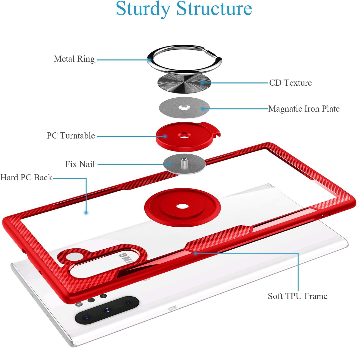 WATACHE Galaxy Note 10 Case, Crystal Clear Carbon Fiber Design Armor Protective Case with 360 Degree Rotation Finger Ring Grip Holder Kickstand [Work with Magnetic Car Mount] for Galaxy Note 10,Red