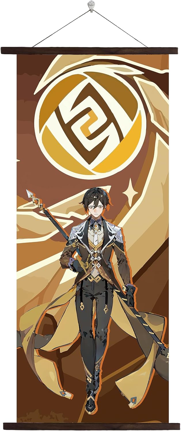 Amaker7 Genshin Impact Wall Scroll - 16"x40" High Resolution Artistic Canvas Hanging Paintings for Wall art Decor, with 16" Magnet Wooden Hanger and Seamless Hook. (Zhongli)