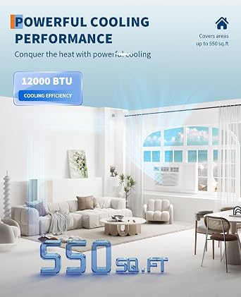 12000BTU 115V Window Air Conditioner, Fast Cooling for 550 Sq.Ft, Window AC Mount with Remote for Apartment Office