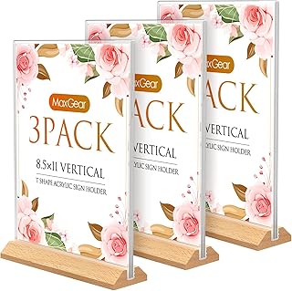 MaxGear 8.5 x 11 Acrylic Sign Holder 3 Pack, Clear Table Display Stand Wooden Sign Holders, Double Sided Menu Flyer Holder Heavy Duty Sign Frame Plastic Paper Holder for Stores, Restaurants, Hotels