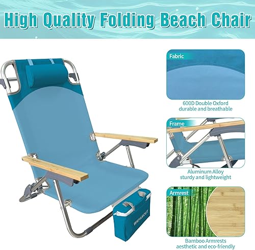 Miniatura 3 de Mochila plegable de playa, paquete de 2 unidades, de aluminio, 5 posiciones, con mesa de camping Samll, silla de salón plana de bambú para