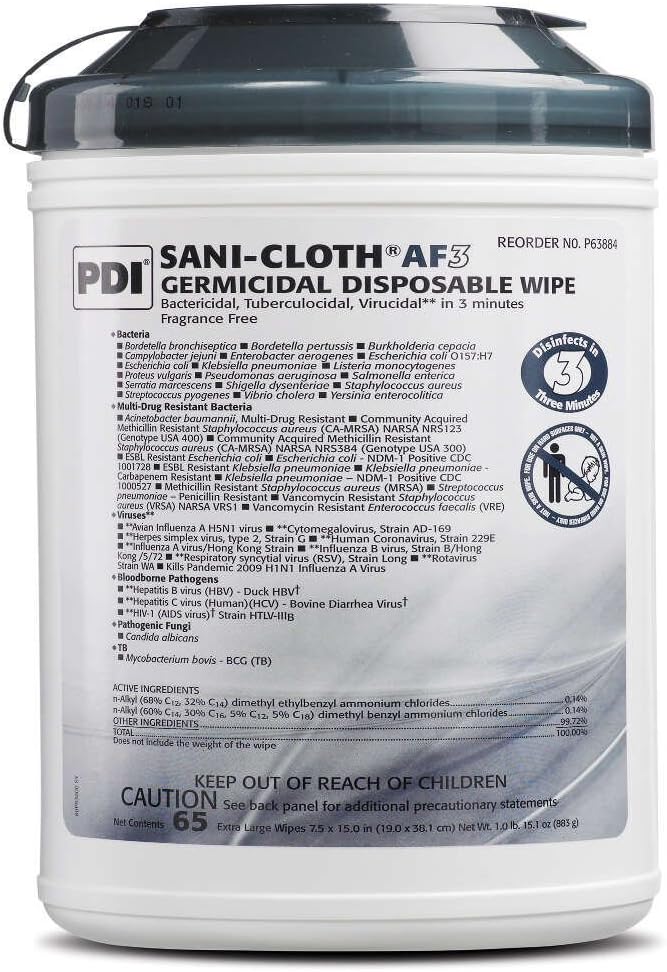 Professional Disposables P63884 Sani-Cloth AF3 Germicidal Disposable Wipe, 7.5" x 15", X-Large Canister (Pack of 65)